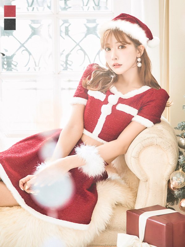 画像2: 【即日発送！】【サンタコス 5点セット】【XS-Lサイズ/2カラー】ラメツイードセットアップサンタ[YMT] (2)