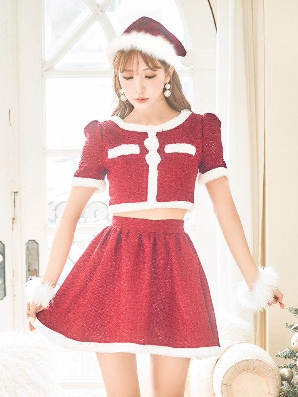 画像4: 【即日発送！】【サンタコス 5点セット】【XS-Lサイズ/2カラー】ラメツイードセットアップサンタ[YMT] (4)