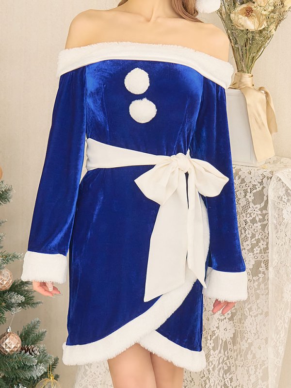 画像2: SALE!【サンタコス 4点セット】オフショルダーロングスリーブサンタコスプレ[YMT] (2)