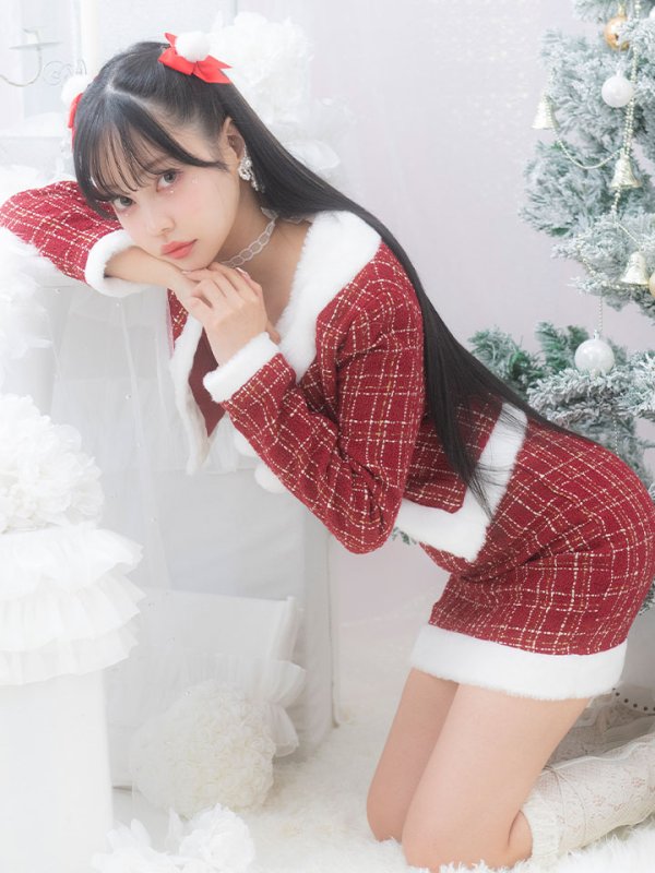 画像9: SALE!【サンタコス 6点セット】【XS-Lサイズ/1カラー】ツイードジャケットチェックセットアップサンタコスプレ[YMT] (9)