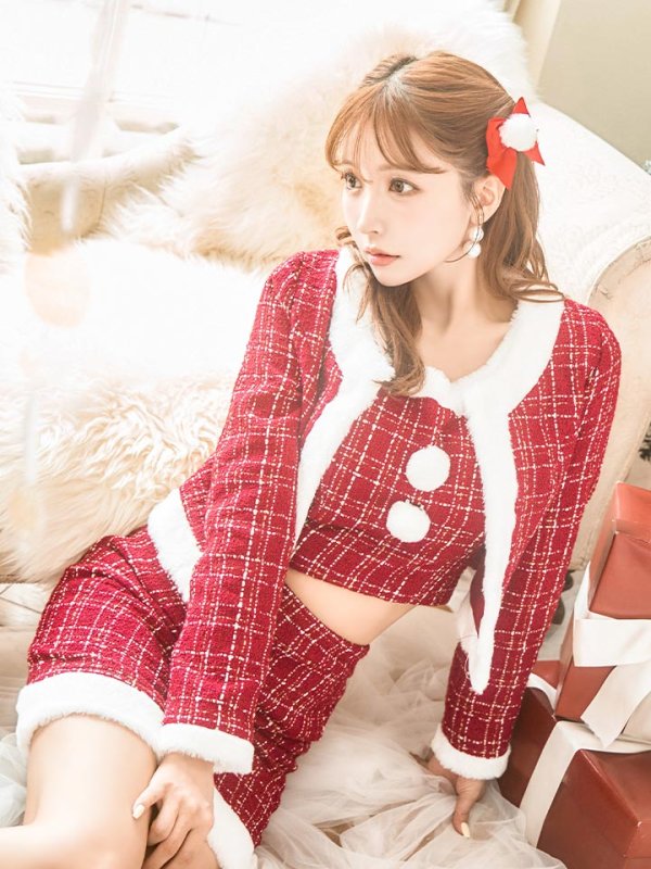 画像30: SALE!【サンタコス 6点セット】【XS-Lサイズ/1カラー】ツイードジャケットチェックセットアップサンタコスプレ[YMT] (30)