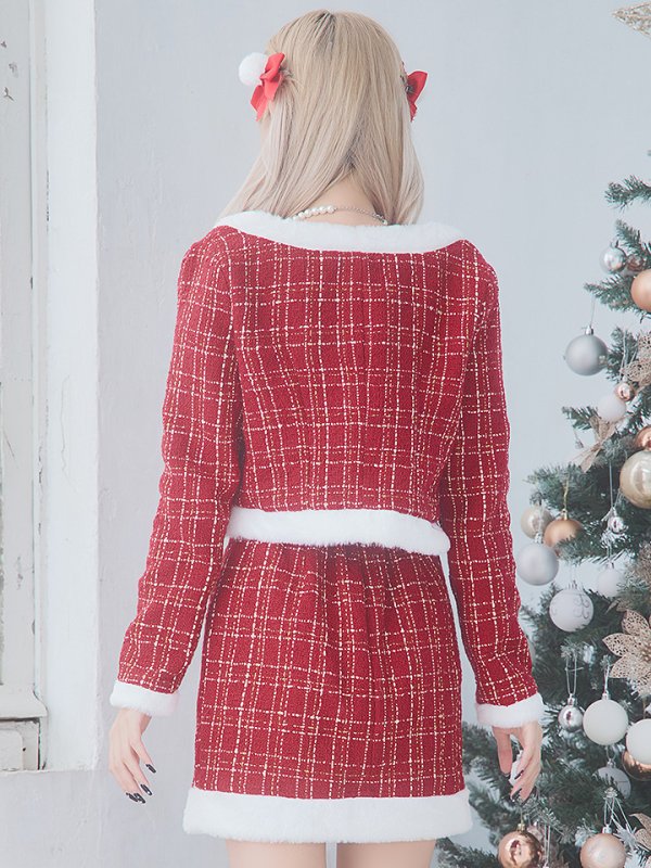 画像15: SALE!【サンタコス 6点セット】【XS-Lサイズ/1カラー】ツイードジャケットチェックセットアップサンタコスプレ[YMT] (15)