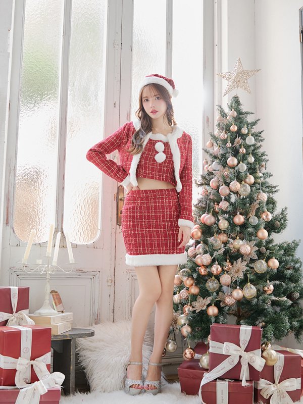 画像42: SALE!【サンタコス 6点セット】【XS-Lサイズ/1カラー】ツイードジャケットチェックセットアップサンタコスプレ[YMT] (42)