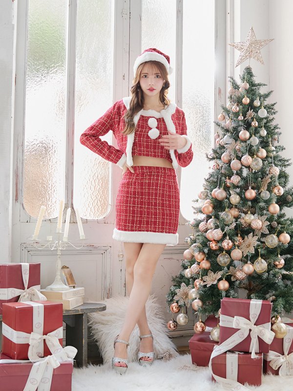 画像4: 【サンタSALE!!】【サンタコス 6点セット】【XS-Lサイズ/1カラー】ツイードジャケットチェックセットアップサンタコスプレ[HC02] (4)