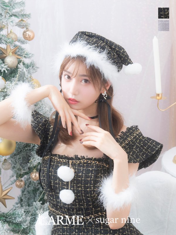 画像2: SALE!【サンタコス 4点セット】【S-Lサイズ/2カラー】チェーンモチーフフロントジップツイードフレアサンタコスプレ[YMT] (2)