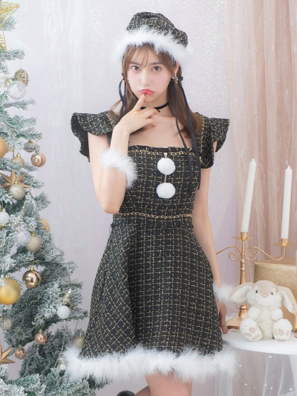 画像3: SALE!【サンタコス 4点セット】【S-Lサイズ/2カラー】チェーンモチーフフロントジップツイードフレアサンタコスプレ[YMT] (3)