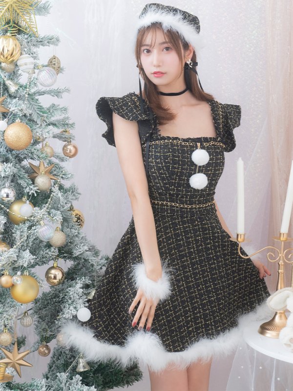 画像8: SALE!【サンタコス 4点セット】【S-Lサイズ/2カラー】チェーンモチーフフロントジップツイードフレアサンタコスプレ[YMT] (8)