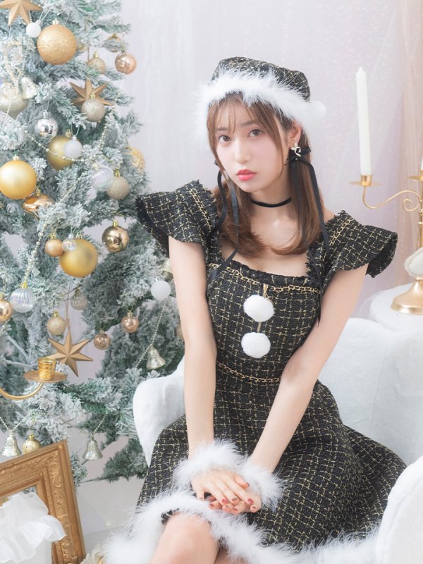 画像9: SALE!【サンタコス 4点セット】【S-Lサイズ/2カラー】チェーンモチーフフロントジップツイードフレアサンタコスプレ[YMT] (9)