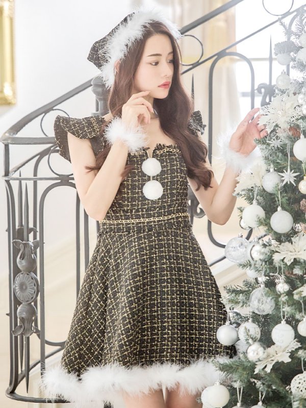 画像6: SALE!【サンタコス 4点セット】【S-Lサイズ/2カラー】チェーンモチーフフロントジップツイードフレアサンタコスプレ[YMT] (6)