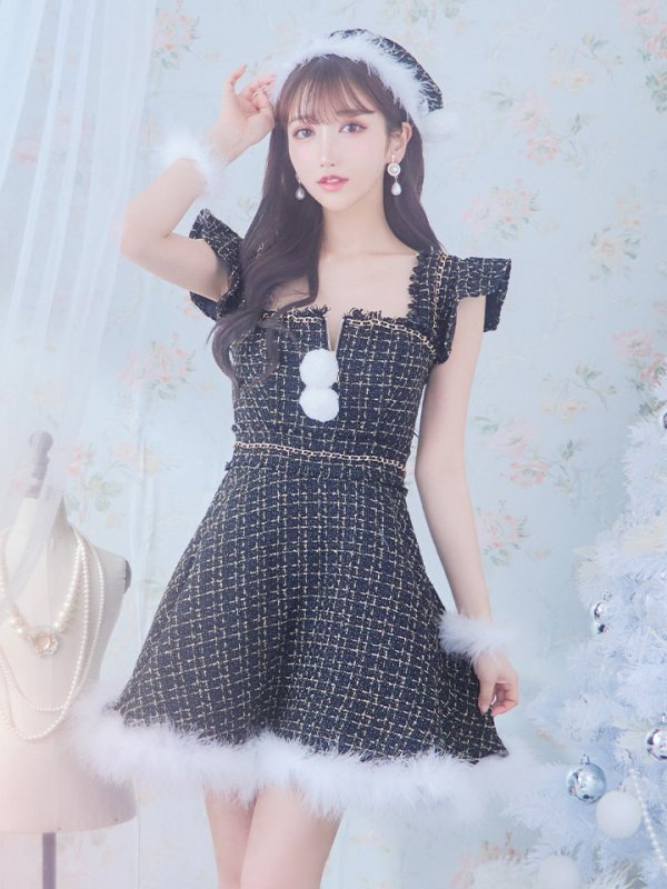 画像5: SALE!【サンタコス 4点セット】【S-Lサイズ/2カラー】チェーンモチーフフロントジップツイードフレアサンタコスプレ[YMT] (5)