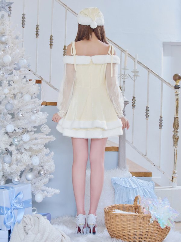 画像5: 【即日発送】【サンタコス 3点セット】【XS-XLサイズ/1カラー】オフショルダーシアーチュールフレアサンタコスプレ[YMT] (5)