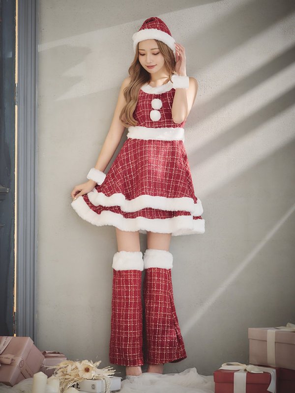 画像37: 即日発送!【サンタコス 5点セット】【S-Lサイズ/3カラー】ツイードチェック2段フレアスカートサンタコスプレ[YMT] (37)