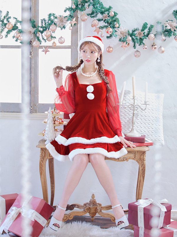 画像10: 【即日発送】【サンタコス 3点セット】【S-Lサイズ/1カラー】チュールシアーフレアサンタコスプレ[YMT] (10)