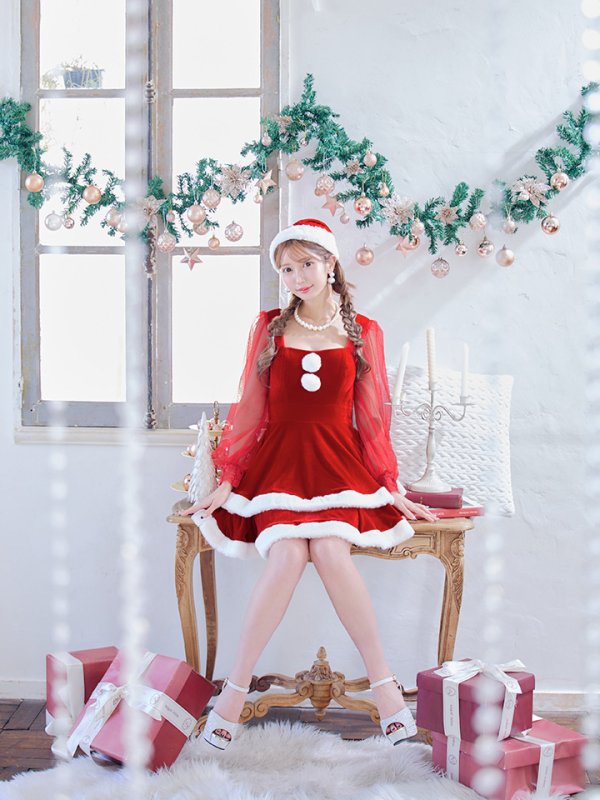 画像16: 【即日発送】【サンタコス 3点セット】【S-Lサイズ/1カラー】チュールシアーフレアサンタコスプレ[YMT] (16)