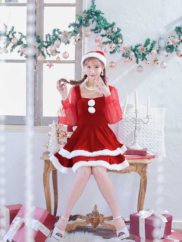 画像8: 【即日発送】【サンタコス 3点セット】【S-Lサイズ/1カラー】チュールシアーフレアサンタコスプレ[YMT] (8)