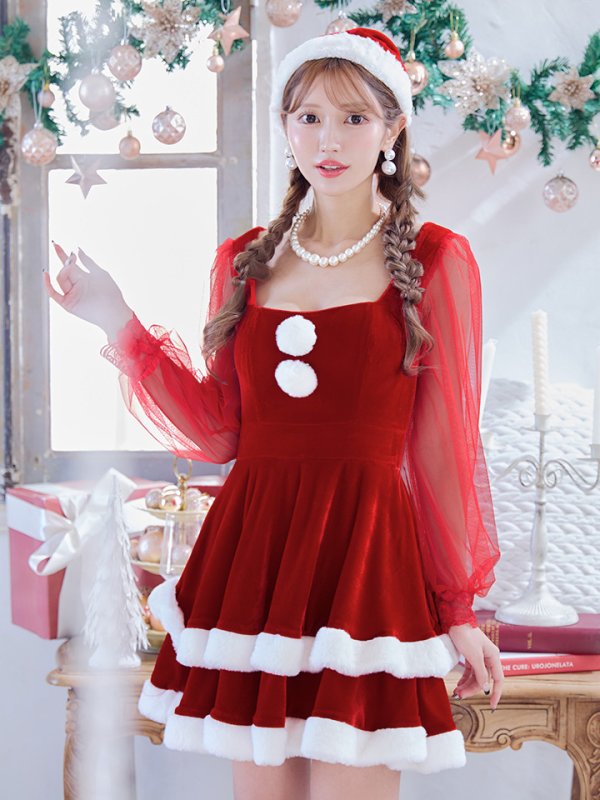 画像9: 【即日発送】【サンタコス 3点セット】【S-Lサイズ/1カラー】チュールシアーフレアサンタコスプレ[YMT] (9)