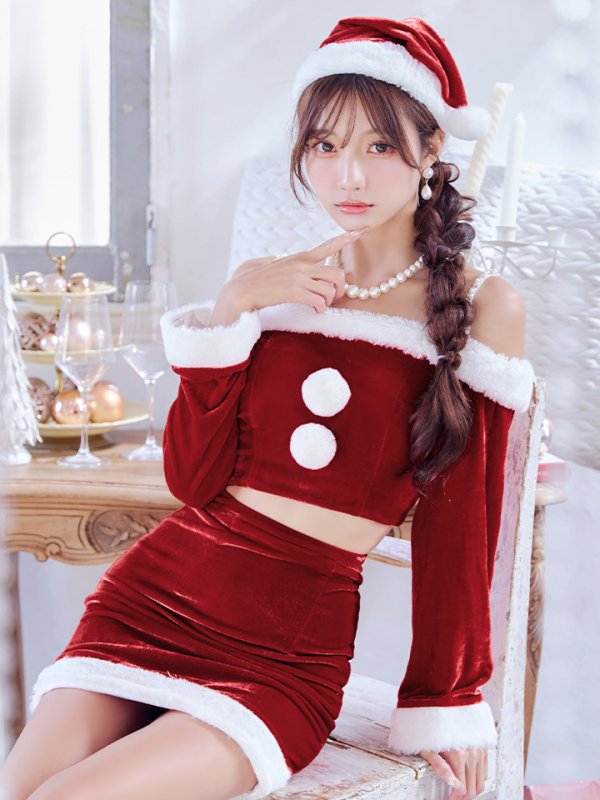 画像1: 【即日発送】【サンタコス 4点セット】【S-Lサイズ/2カラー】オフショルダーセットアップサンタコスプレ[OF01] (1)
