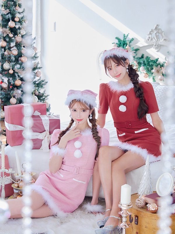 画像35: 【即日発送！】【サンタコス5点セット】【S-Mサイズ/2カラー】ツイードベルトワンピースサンタコスプレ[YMT] (35)