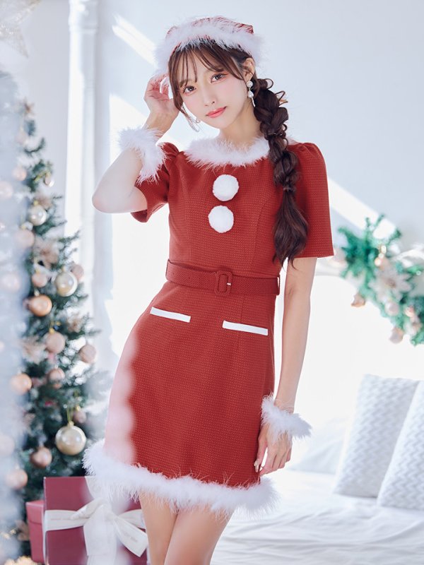 画像2: 【即日発送！】【サンタコス5点セット】【S-Mサイズ/2カラー】ツイードベルトワンピースサンタコスプレ[YMT] (2)