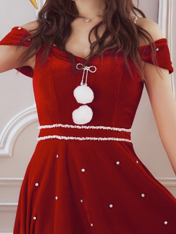 画像12: 【ノベルティ対象】【即日発送！】【サンタコス 5点セット】【XS-XLサイズ/3カラー】オフショルビジューリボンフレアサンタ[YMT] (12)