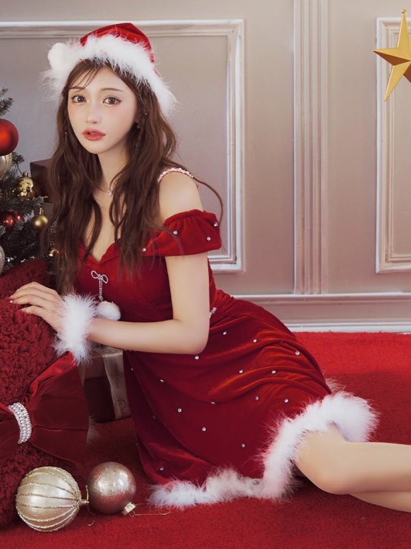 画像22: 【ノベルティ対象】【即日発送！】【サンタコス 5点セット】【XS-XLサイズ/3カラー】オフショルビジューリボンフレアサンタ[YMT] (22)