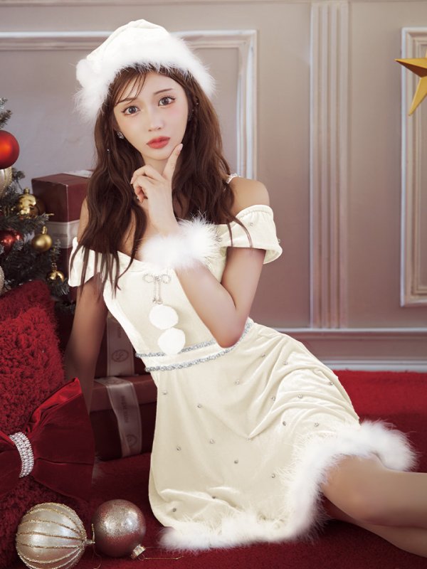 画像23: 【ノベルティ対象】【即日発送！】【サンタコス 5点セット】【XS-XLサイズ/3カラー】オフショルビジューリボンフレアサンタ[YMT] (23)