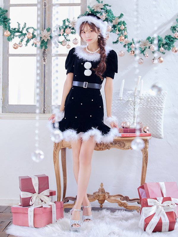 画像10: 【即日発送】【サンタコス 5点セット】【S-Mサイズ/2カラー】ベロアパールビジューサンタコスプレ[YMT] (10)