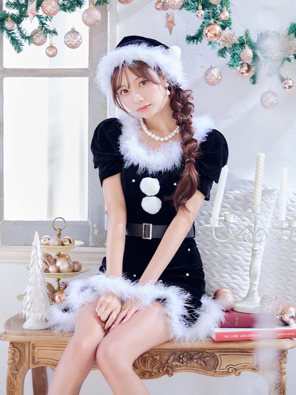 画像2: 【即日発送】【サンタコス 5点セット】【S-Mサイズ/2カラー】ベロアパールビジューサンタコスプレ[YMT] (2)