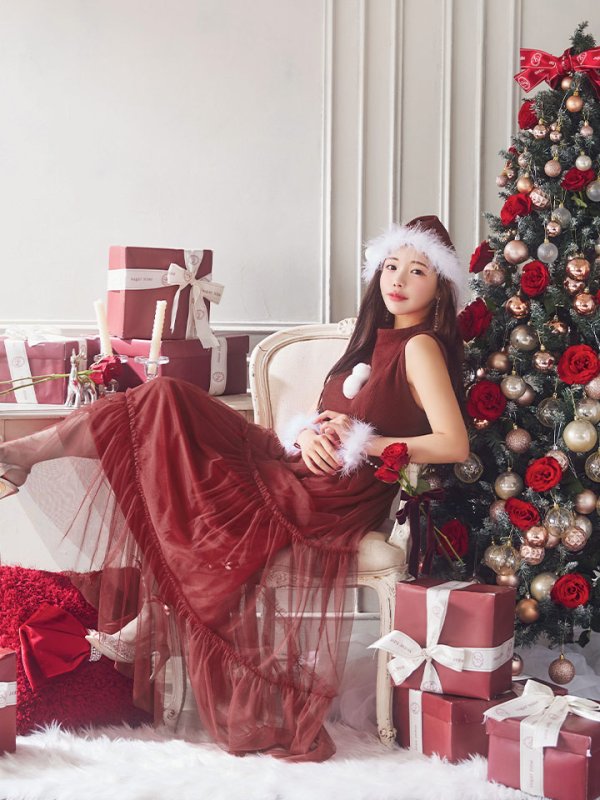 画像12: SALE!【サンタコス 4点セット】【S-Lサイズ/2カラー】リボン付きチュールロングスカートサンタコスプレ[OF01] (12)