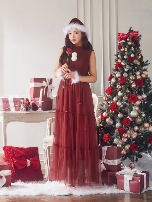 画像14: SALE!【サンタコス 4点セット】【S-Lサイズ/2カラー】リボン付きチュールロングスカートサンタコスプレ[OF01] (14)