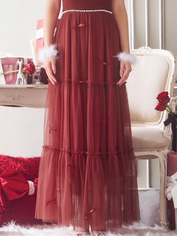 画像21: SALE!【サンタコス 4点セット】【S-Lサイズ/2カラー】リボン付きチュールロングスカートサンタコスプレ[OF01] (21)