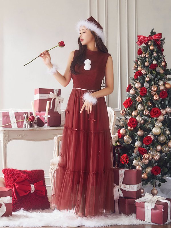 画像2: SALE!【サンタコス 4点セット】【S-Lサイズ/2カラー】リボン付きチュールロングスカートサンタコスプレ[OF01] (2)