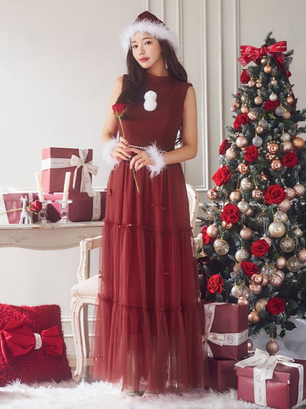 画像4: SALE!【サンタコス 4点セット】【S-Lサイズ/2カラー】リボン付きチュールロングスカートサンタコスプレ[OF01] (4)