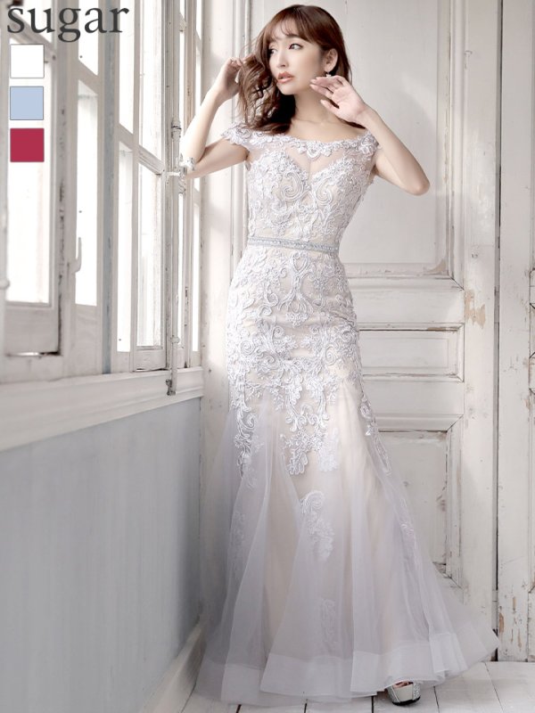 大人気再入荷★13号入荷!!【JEAN MACLEAN/ジャンマクレーン】チュール/ 切り替え/ レース刺繍/ マーメイド/ スピンドル/ ロング/ロングドレス /キャバドレス long/ホワイト