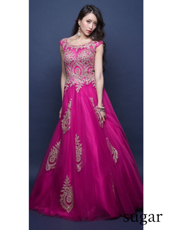 画像4: Lサイズあり【JEAN MACLEAN/ジャンマクレーン】ボートネック/ ビーズ刺繍/ シアーレース/ チュール/ プリンセス/ キャバドレスlong[OF2A] (4)