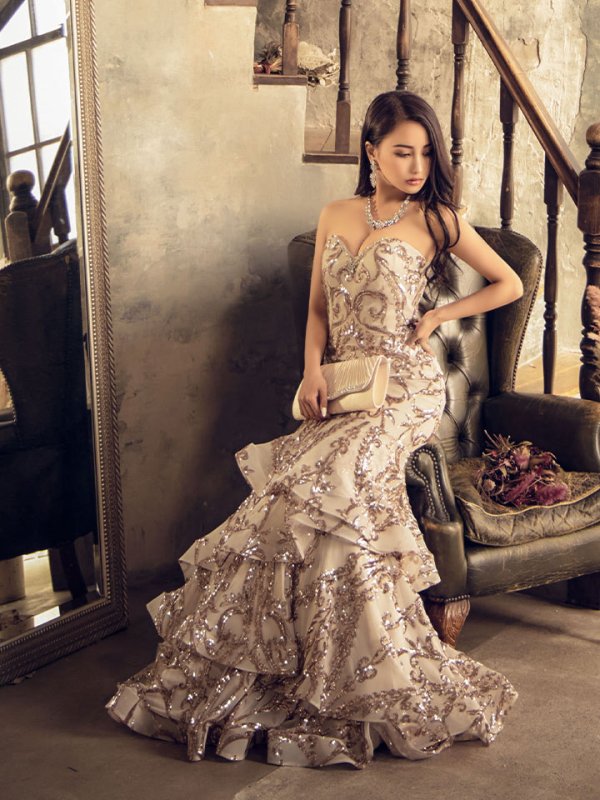 画像2: Lサイズあり【JEAN MACLEAN/ジャンマクレーン】スパンコール刺繍/ ベア/ フリルデザイン/ ロング/ キャバドレス long[HC03] (2)