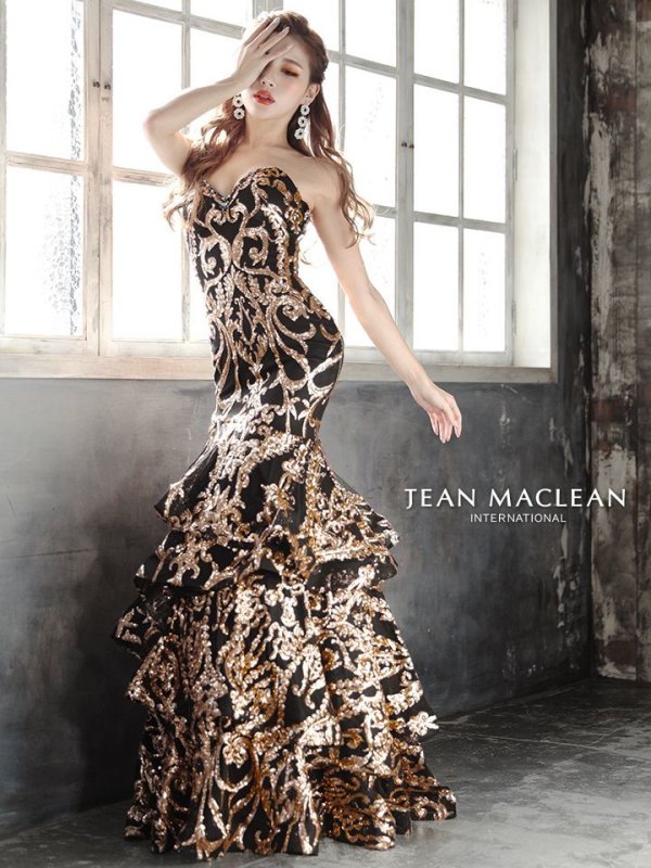 画像4: Lサイズあり【JEAN MACLEAN/ジャンマクレーン】スパンコール刺繍/ ベア/ フリルデザイン/ ロング/ キャバドレス long[HC03] (4)