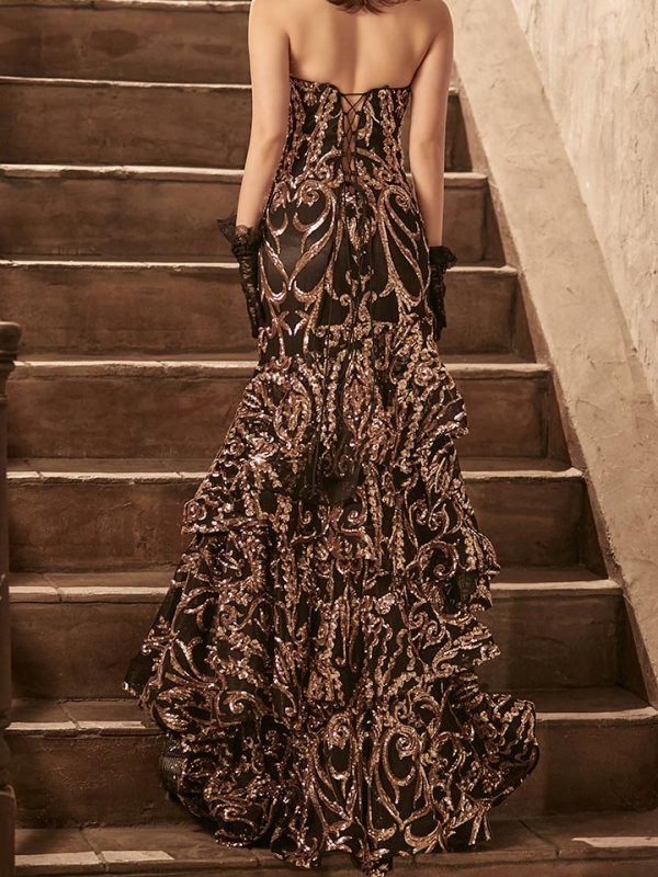 画像8: 【関西コレクション着用】Lサイズあり【JEAN MACLEAN/ジャンマクレーン】スパンコール刺繍/ ベア/ フリルデザイン/ ロング/ キャバドレス long[HC03] (8)