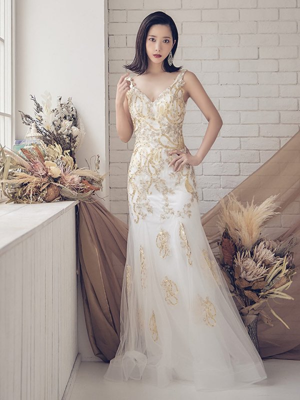 画像4: Lサイズあり【JEAN MACLEAN/ジャンマクレーン】マーメイド/ 刺繍/ ストーン/ ネットレース/ ノースリーブ/ スピンドル/ Aライン/ ロングドレス/ キャバドレス long[OF2A] (4)