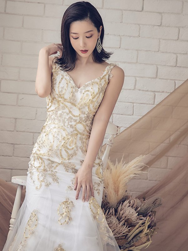 画像5: Lサイズあり【JEAN MACLEAN/ジャンマクレーン】マーメイド/ 刺繍/ ストーン/ ネットレース/ ノースリーブ/ スピンドル/ Aライン/ ロングドレス/ キャバドレス long[OF2A] (5)