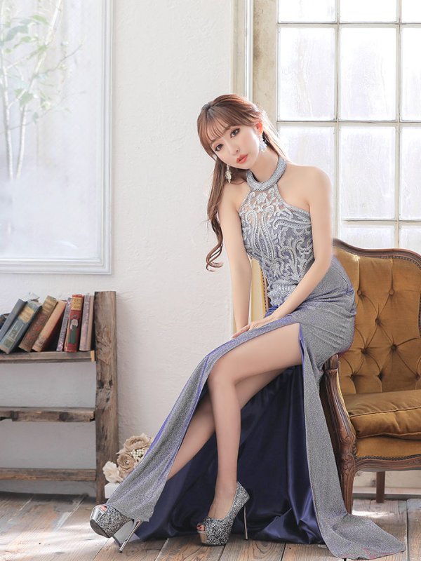 画像2: 【IRMA/イルマ】アメスリ/ ホルターネック/ ラメ/ 刺繍レース/ スリット/ タイト/ ロングドレス/ キャバドレス long[HC03] (2)