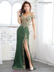 Lサイズあり【JEAN MACLEAN/ジャンマクレーン】デザイン刺繍/ オフショルス/ スリット/ ロング/ キャバドレス long/オリーヴ