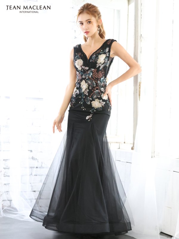 【JEAN MACLEAN/ジャンマクレーン】フラワー刺繍/ チュール/ マーメイド/ ロング/ キャバドレス long/ブラック