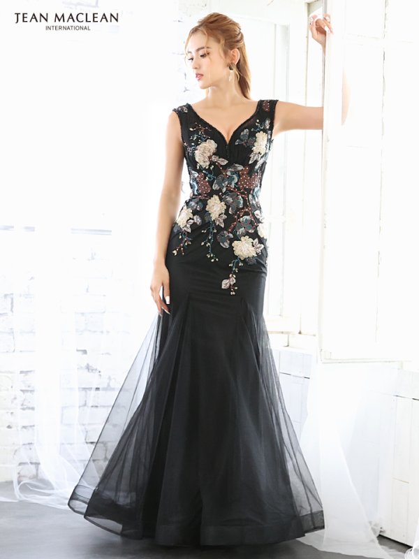 【JEAN MACLEAN/ジャンマクレーン】フラワー刺繍/ チュール/ マーメイド/ ロング/ キャバドレス long/ブラック