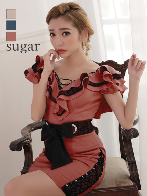 Lサイズあり! 【IRMA/イルマ】フリルデザイン/レース/タイト/ベイクドピンク/キャバドレス