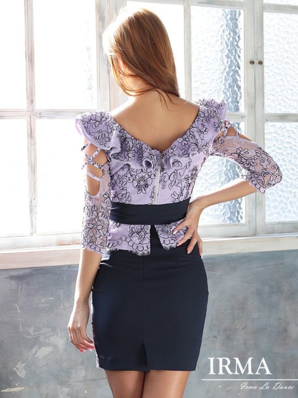 画像4: 【IRMA/イルマ】フリルデザイン/フラワーレース/リボンベルト/セットアップ/タイト/ミニドレス/キャバドレス[HC03] (4)