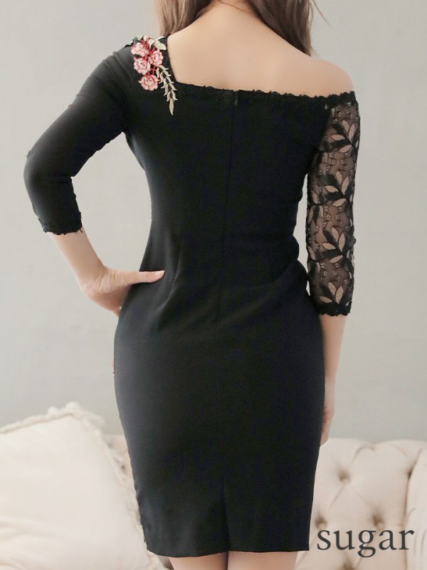 画像9: 即日発送　Lサイズあり【JEAN MACLEAN/ジャンマクレーン】 フラワー刺繍/ 七分袖/レース / 切替/ タイト/ ミディアムドレス/ミニドレス/ キャバドレス[OF2A] (9)