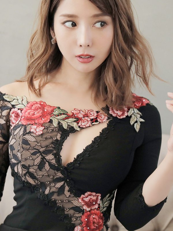 画像4: 即日発送　Lサイズあり【JEAN MACLEAN/ジャンマクレーン】 フラワー刺繍/ 七分袖/レース / 切替/ タイト/ ミディアムドレス/ミニドレス/ キャバドレス[OF2A] (4)