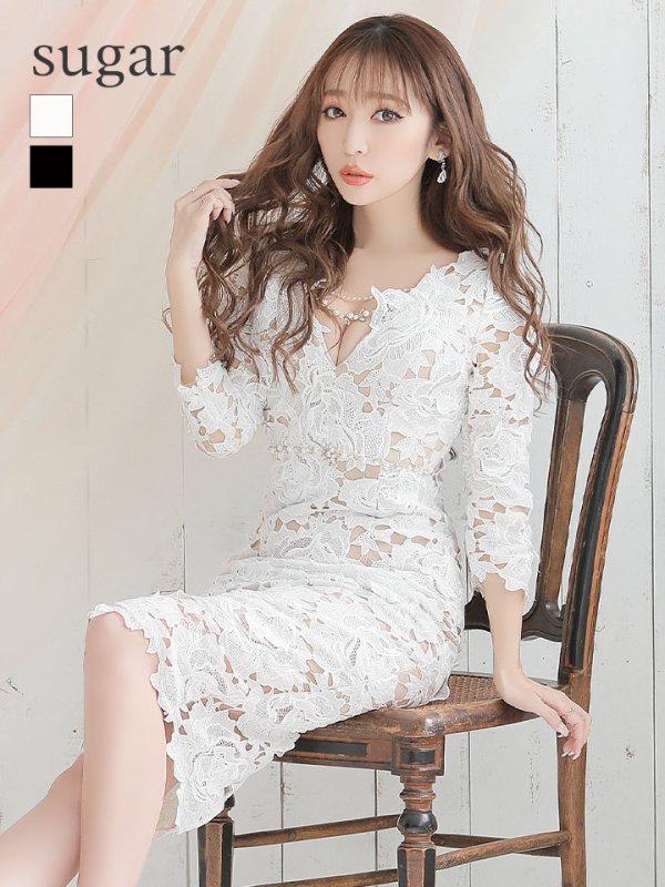 【JEAN MACLEAN/ジャンマクレーン】フラワーレース/ 7分袖/ タイト/ ミディアム丈/ ミニドレス/ キャバドレス/ホワイト