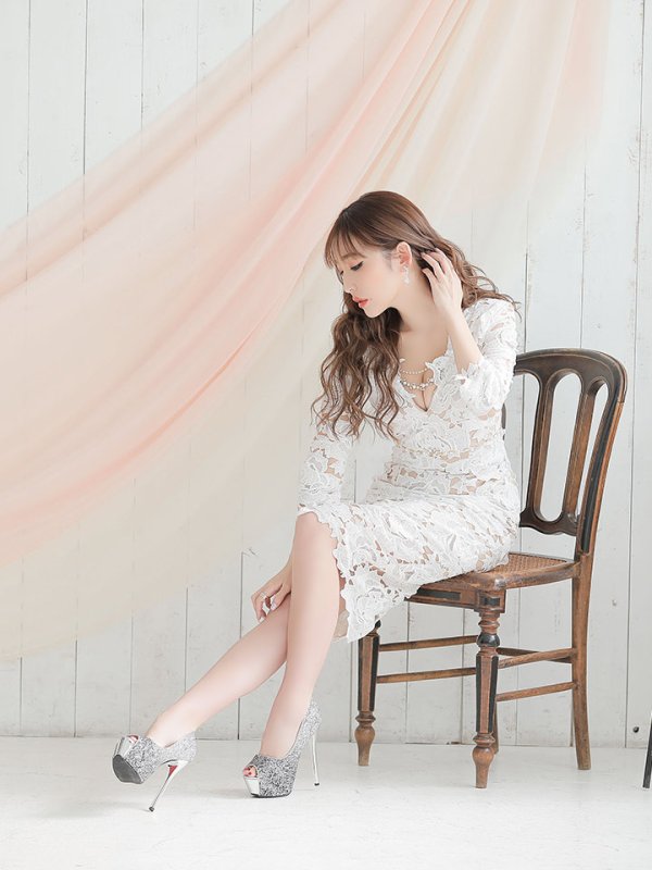 画像6: Lサイズあり!!【JEAN MACLEAN/ジャンマクレーン】フラワーレース/ 7分袖/ タイト/ ミディアム丈/ ミニドレス/ キャバドレス[HC02] (6)